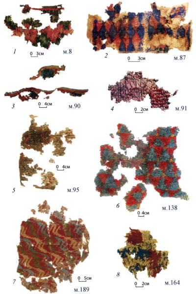Фрагменты ворсовых изделий из могильника Янхай 1. Pile fragments from the Yanghai I burial ground. Фрагменты ворсовых изделий из могильника Янхай 1. Pile fragments from the Yanghai I burial ground.